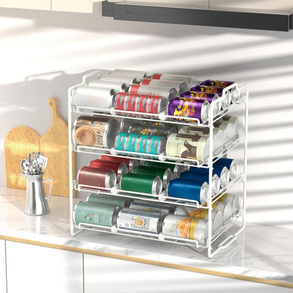 4 Tiers Stackable Can Rack Organizer, Wear-resistant Upgrade Beverage Food Can Dispenser Holder Holds up to 48 Cans for Kitchen Cabinet and Pantry (Silver)
