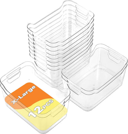 12 Pack Clear Plastic Storage Bins, Pantry Organizers and Storage, Clear Pantry Organizer Bins, Plastic Containers with Handle for Kitchen,Freezer,Cabinet,Closet,Bathroom Under Sink Storage