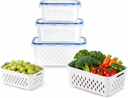 3 Pcs Fruit Storage Containers for Fridge, Produce Storage Containers with Removable Colander Basket & Airtight Lid, BPA-free food storage containers, for Fruits, Vegetables & Meat