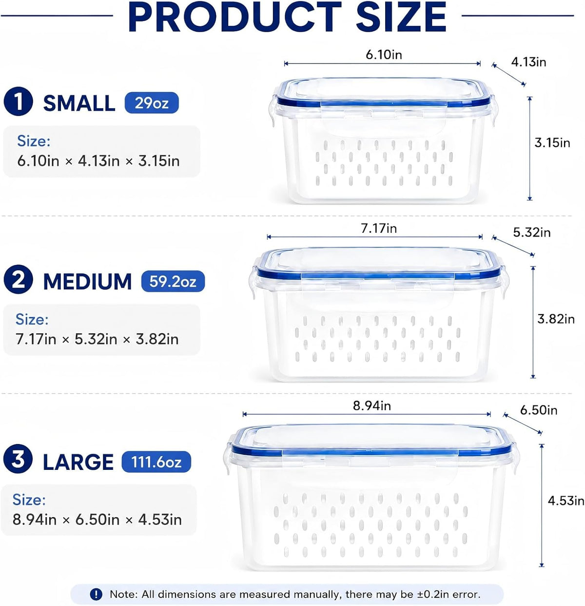3 Pcs Fruit Storage Containers for Fridge, Produce Storage Containers with Removable Colander Basket & Airtight Lid, BPA-free food storage containers, for Fruits, Vegetables & Meat