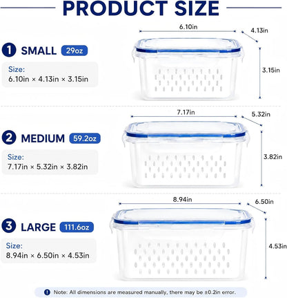 3 Pcs Fruit Storage Containers for Fridge, Produce Storage Containers with Removable Colander Basket & Airtight Lid, BPA-free food storage containers, for Fruits, Vegetables & Meat