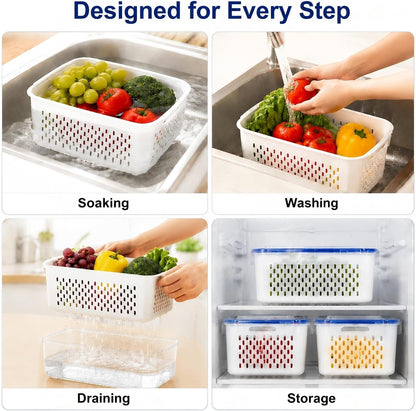 3 Pcs Fruit Storage Containers for Fridge, Produce Storage Containers with Removable Colander Basket & Airtight Lid, BPA-free food storage containers, for Fruits, Vegetables & Meat