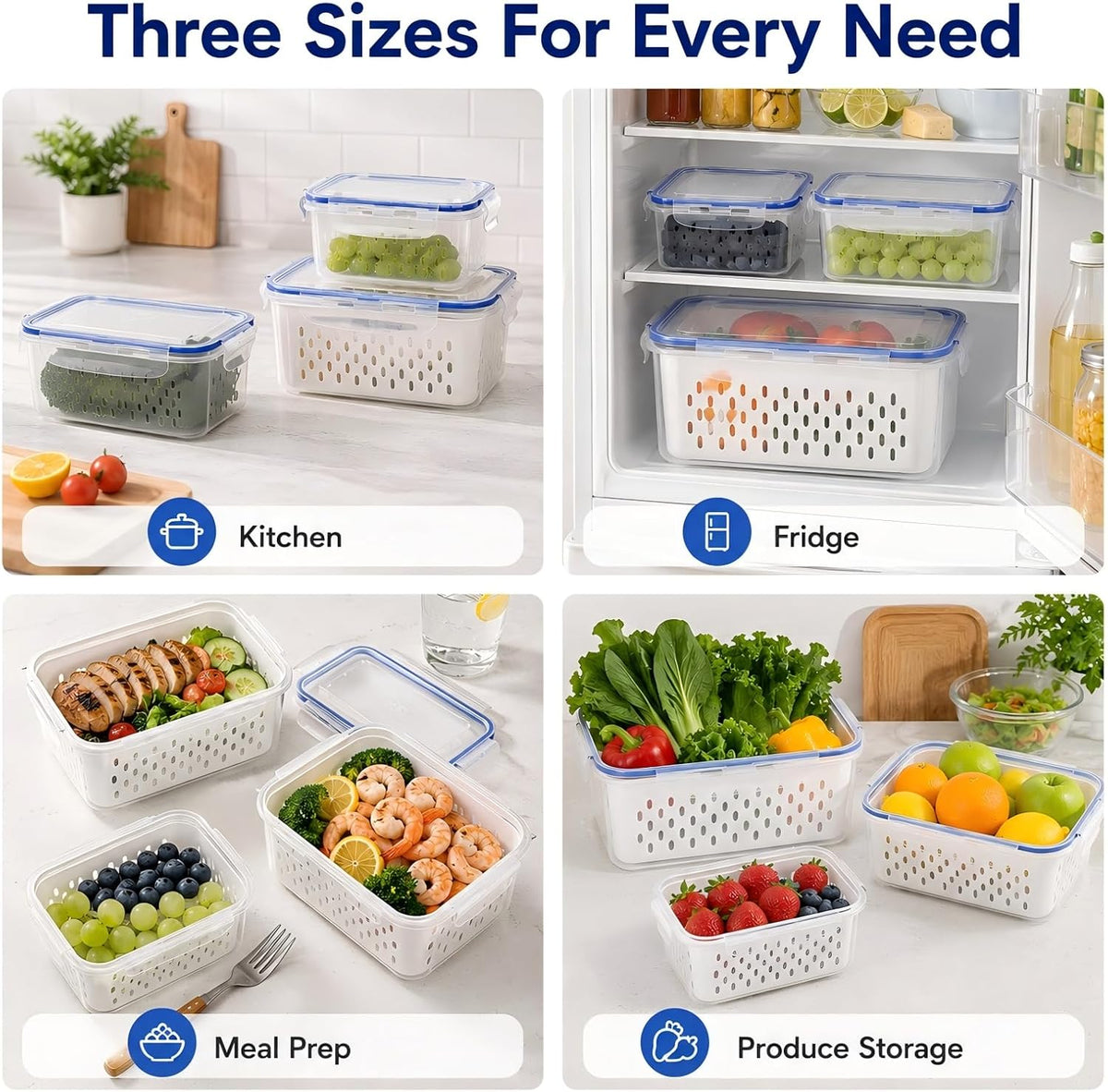 3 Pcs Fruit Storage Containers for Fridge, Produce Storage Containers with Removable Colander Basket & Airtight Lid, BPA-free food storage containers, for Fruits, Vegetables & Meat