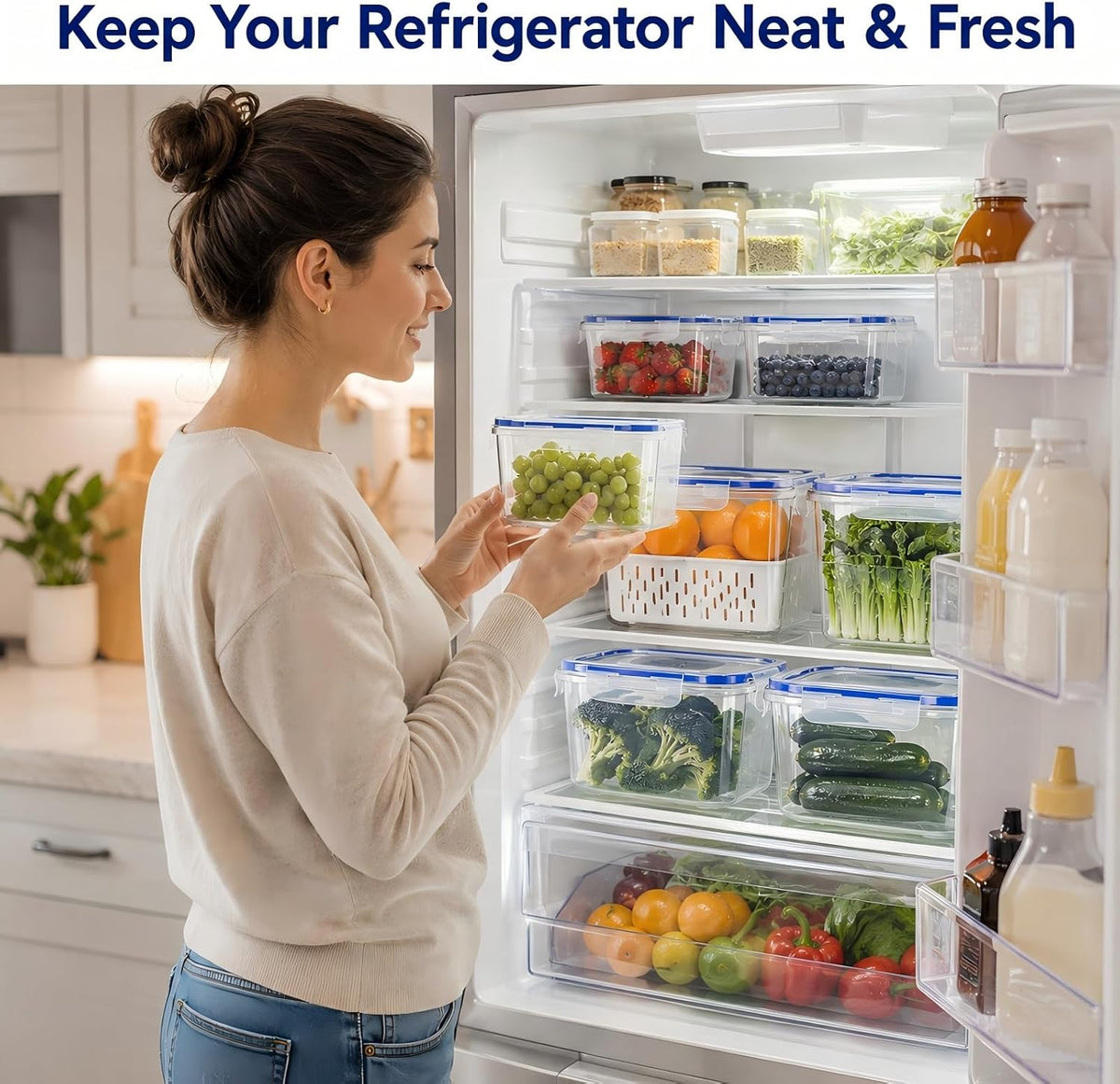 3 Pcs Fruit Storage Containers for Fridge, Produce Storage Containers with Removable Colander Basket & Airtight Lid, BPA-free food storage containers, for Fruits, Vegetables & Meat