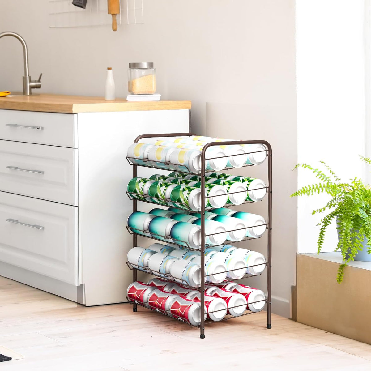 Can Holders Organizer for Pantry 5-Tier Can Storage for Pantry Shelf Hold up to 60 Cans with Rack Dispenser for Countertop Kitchen Shelf, Soda Drinks, Rustic Brown