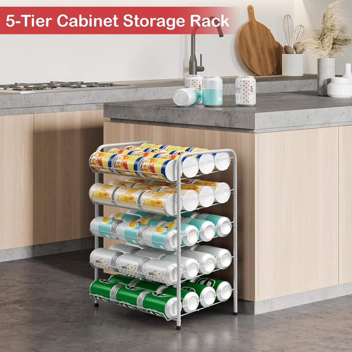 Can Holders Organizer for Pantry 5-Tier Can Storage for Pantry Shelf Hold up to 60 Cans with Rack Dispenser for Countertop Kitchen Shelf, Soda Drinks, Rustic Brown