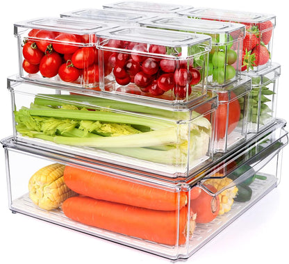 Refrigerator Pantry Organizer Bins, Stackable Fridge Organizer Bins with Lids, Clear Plastic Food Storage Bins for Kitchen, Countertops, Cabinets, Fridge, Drinks, Fruits, Vegetable, Cereals