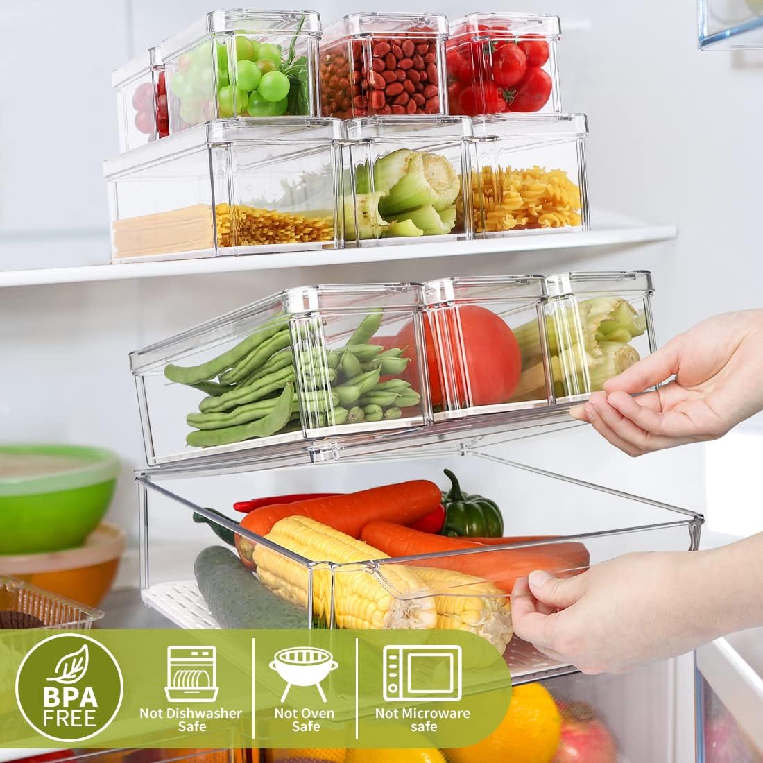 Refrigerator Pantry Organizer Bins, Stackable Fridge Organizer Bins with Lids, Clear Plastic Food Storage Bins for Kitchen, Countertops, Cabinets, Fridge, Drinks, Fruits, Vegetable, Cereals
