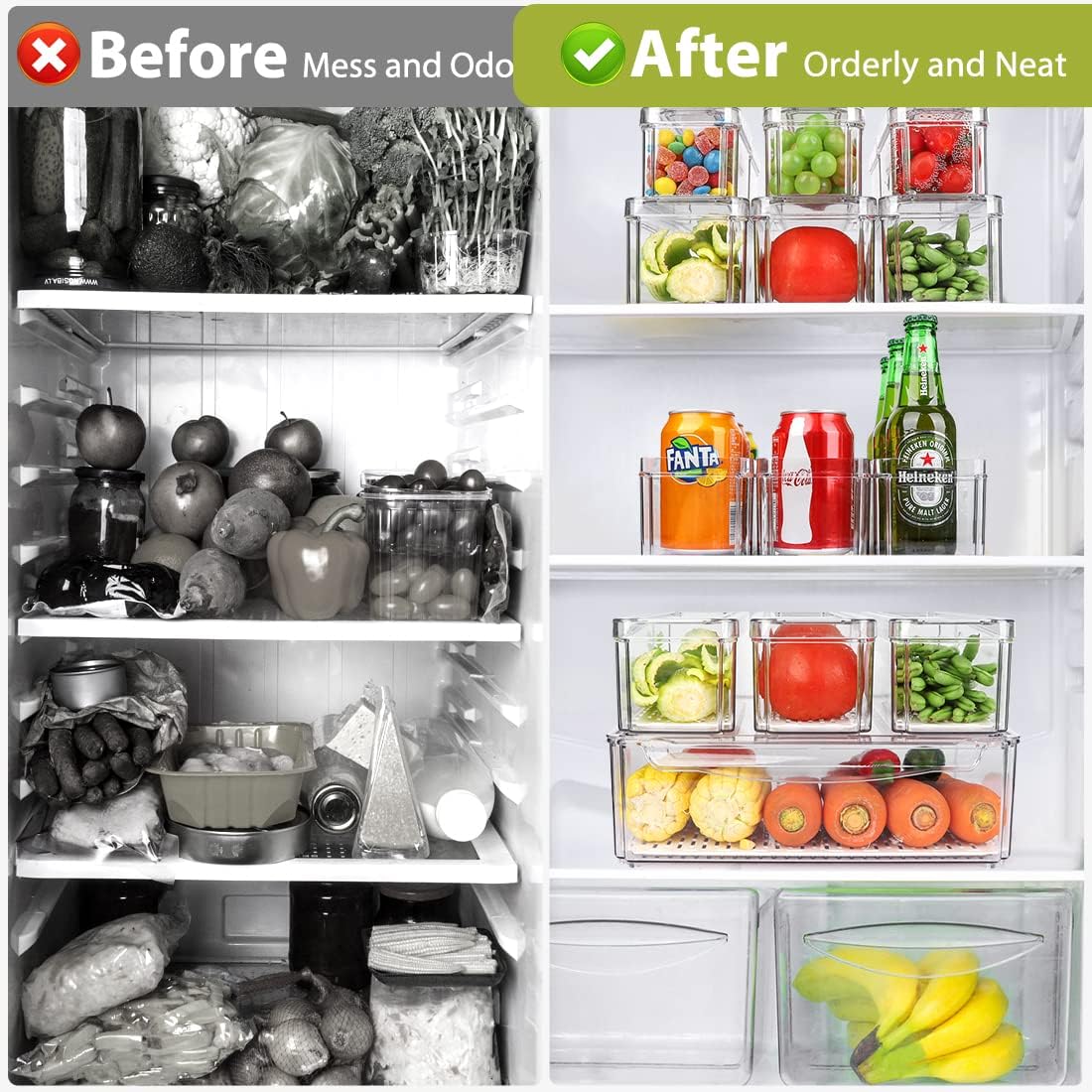 Refrigerator Pantry Organizer Bins, Stackable Fridge Organizer Bins with Lids, Clear Plastic Food Storage Bins for Kitchen, Countertops, Cabinets, Fridge, Drinks, Fruits, Vegetable, Cereals