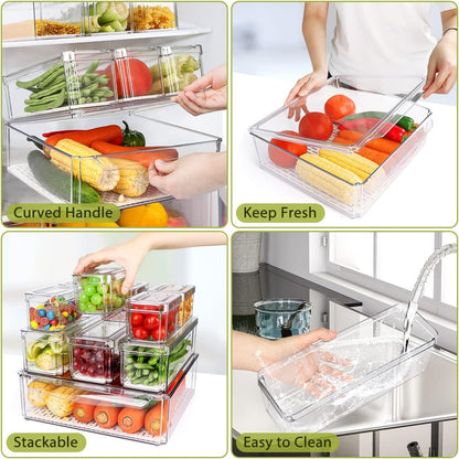Refrigerator Pantry Organizer Bins, Stackable Fridge Organizer Bins with Lids, Clear Plastic Food Storage Bins for Kitchen, Countertops, Cabinets, Fridge, Drinks, Fruits, Vegetable, Cereals