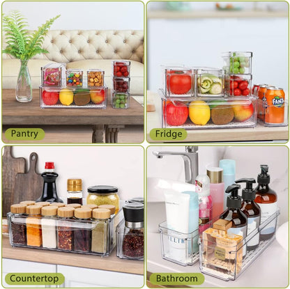 Refrigerator Pantry Organizer Bins, Stackable Fridge Organizer Bins with Lids, Clear Plastic Food Storage Bins for Kitchen, Countertops, Cabinets, Fridge, Drinks, Fruits, Vegetable, Cereals