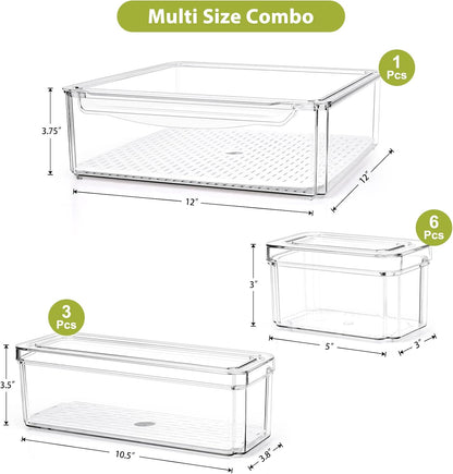 Refrigerator Pantry Organizer Bins, Stackable Fridge Organizer Bins with Lids, Clear Plastic Food Storage Bins for Kitchen, Countertops, Cabinets, Fridge, Drinks, Fruits, Vegetable, Cereals
