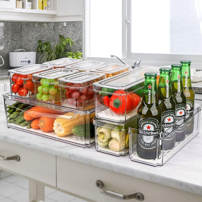 Refrigerator Pantry Organizer Bins, Stackable Fridge Organizer Bins with Lids, Clear Plastic Food Storage Bins for Kitchen, Countertops, Cabinets, Fridge, Drinks, Fruits, Vegetable, Cereals