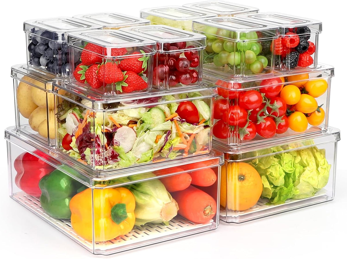 Refrigerator Pantry Organizer Bins, Stackable Fridge Organizer Bins with Lids, Clear Plastic Food Storage Bins for Kitchen, Countertops, Cabinets, Fridge, Drinks, Fruits, Vegetable, Cereals