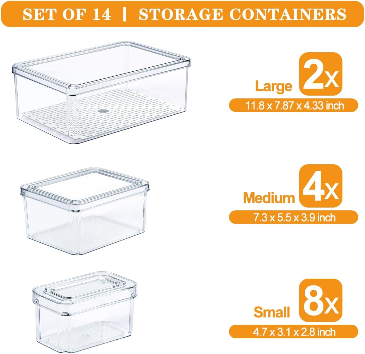 Refrigerator Pantry Organizer Bins, Stackable Fridge Organizer Bins with Lids, Clear Plastic Food Storage Bins for Kitchen, Countertops, Cabinets, Fridge, Drinks, Fruits, Vegetable, Cereals