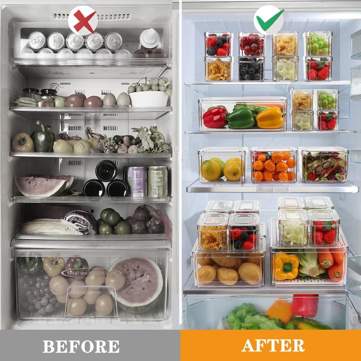 Refrigerator Pantry Organizer Bins, Stackable Fridge Organizer Bins with Lids, Clear Plastic Food Storage Bins for Kitchen, Countertops, Cabinets, Fridge, Drinks, Fruits, Vegetable, Cereals