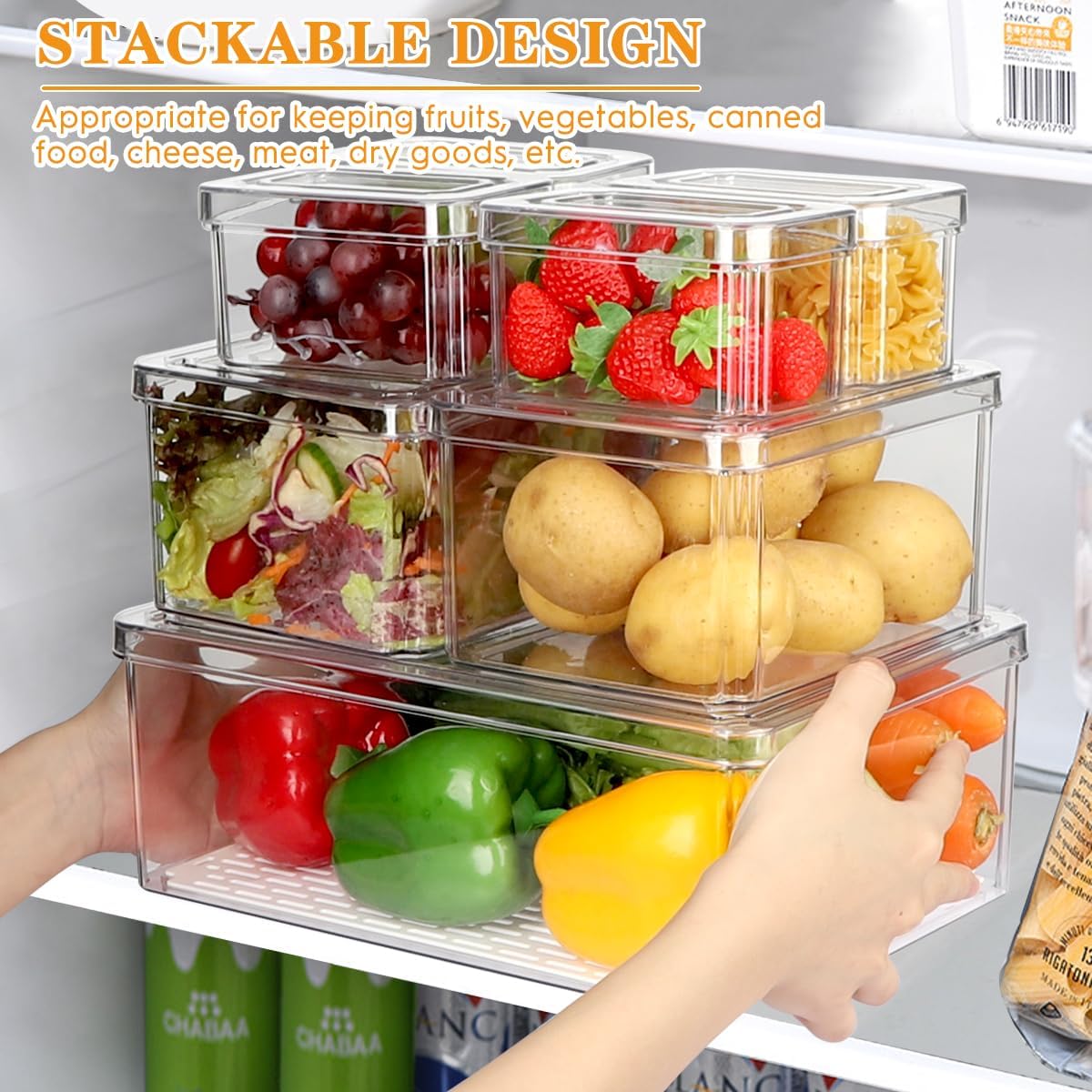 Refrigerator Pantry Organizer Bins, Stackable Fridge Organizer Bins with Lids, Clear Plastic Food Storage Bins for Kitchen, Countertops, Cabinets, Fridge, Drinks, Fruits, Vegetable, Cereals