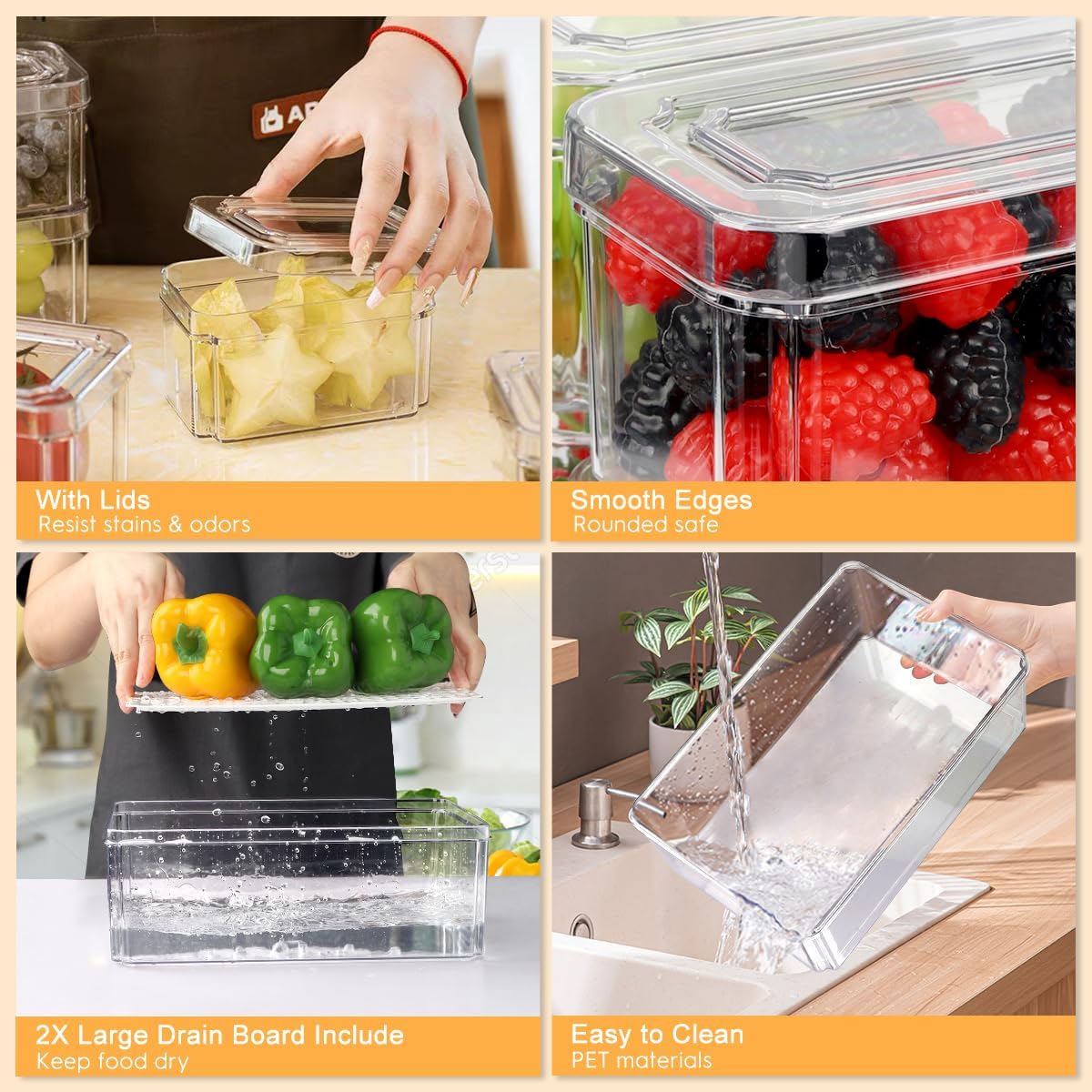 Refrigerator Pantry Organizer Bins, Stackable Fridge Organizer Bins with Lids, Clear Plastic Food Storage Bins for Kitchen, Countertops, Cabinets, Fridge, Drinks, Fruits, Vegetable, Cereals