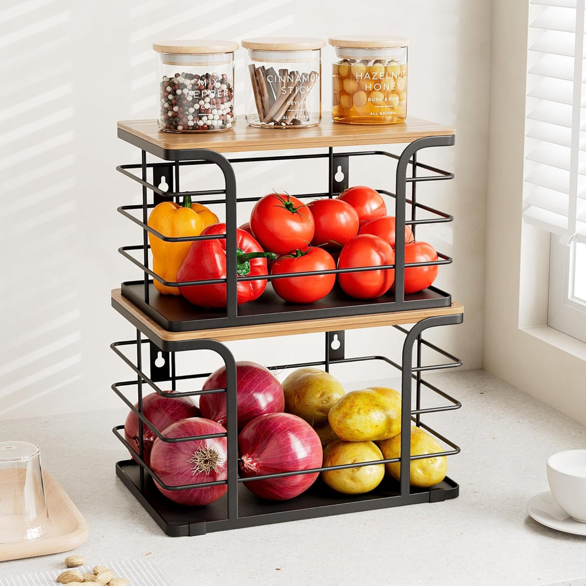 2 Pack Potato and Onion Storage Bin,Stackable Pantry Organizers and Storage with PP Liner and Bamboo Top,Kitchen Storage Organization Counter Basket for Fruits,Produce,Vegetable, Black