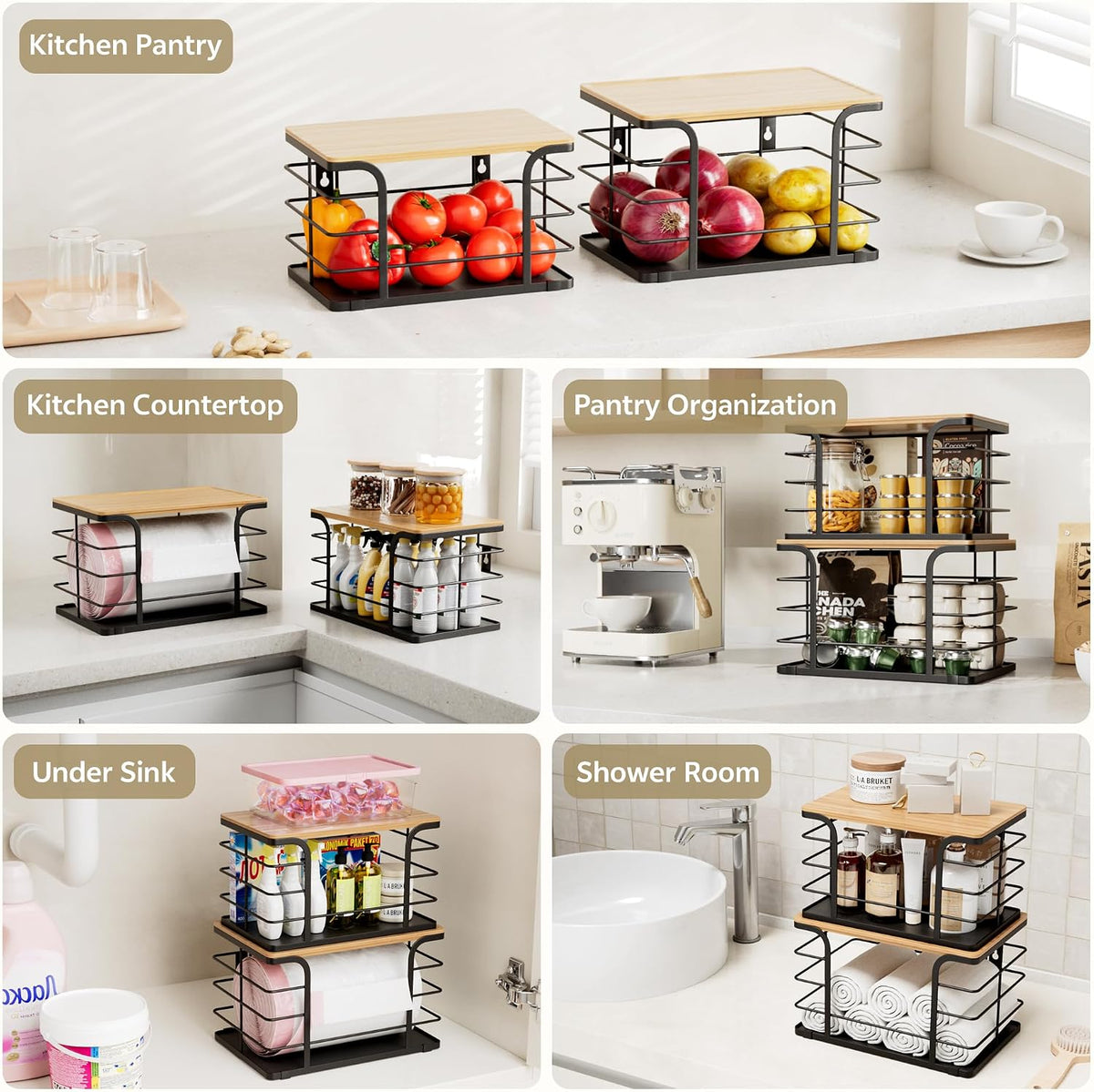 2 Pack Potato and Onion Storage Bin,Stackable Pantry Organizers and Storage with PP Liner and Bamboo Top,Kitchen Storage Organization Counter Basket for Fruits,Produce,Vegetable, Black