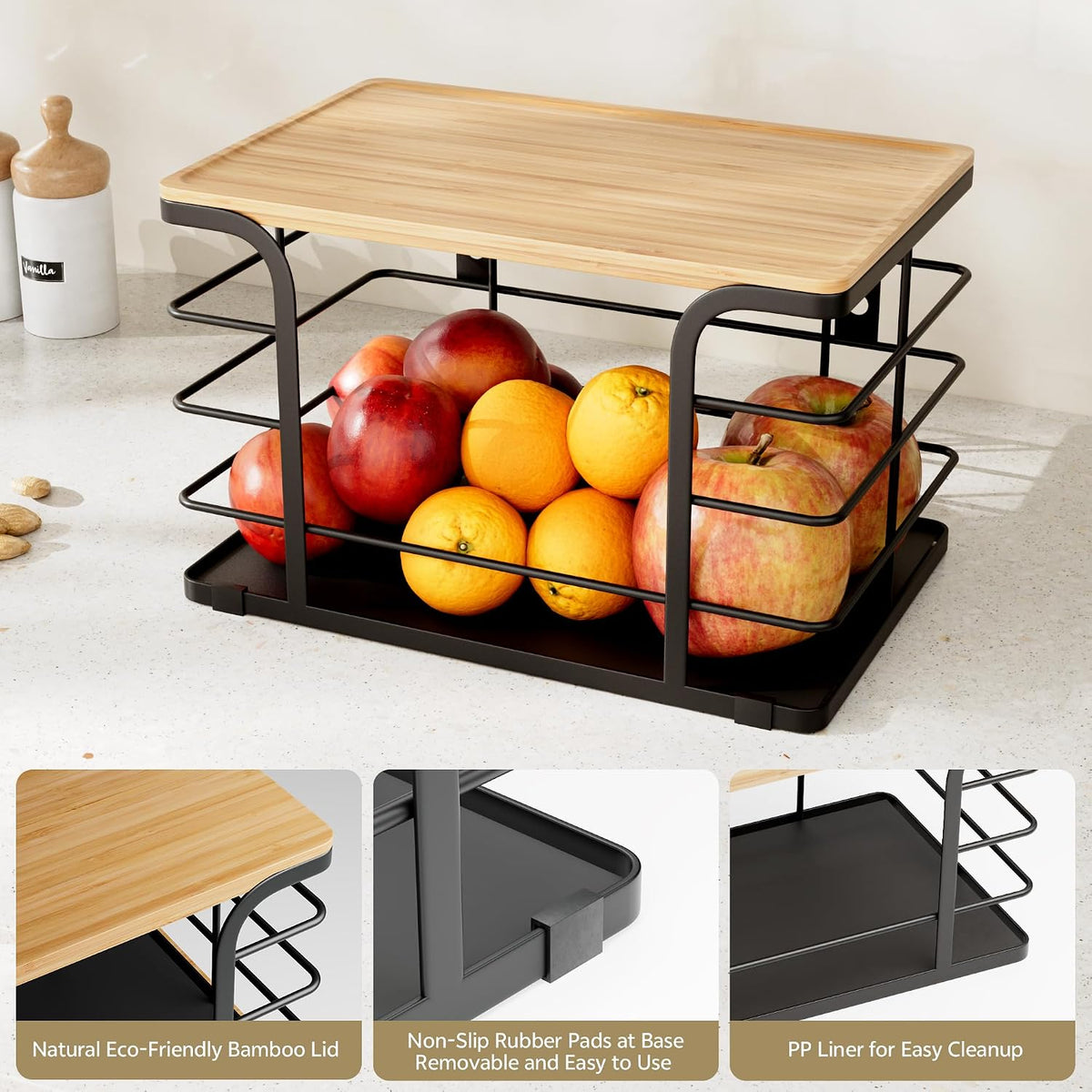 2 Pack Potato and Onion Storage Bin,Stackable Pantry Organizers and Storage with PP Liner and Bamboo Top,Kitchen Storage Organization Counter Basket for Fruits,Produce,Vegetable, Black