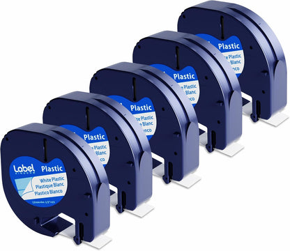 Compatible with Dymo LetraTag Label Maker Refills 91331 Plastic White Tape 12mm x 4m (1/2" x 13'), for Labeler Letra Tag 200B, LT 100T 100H Plus, 5-Pack Cartridges