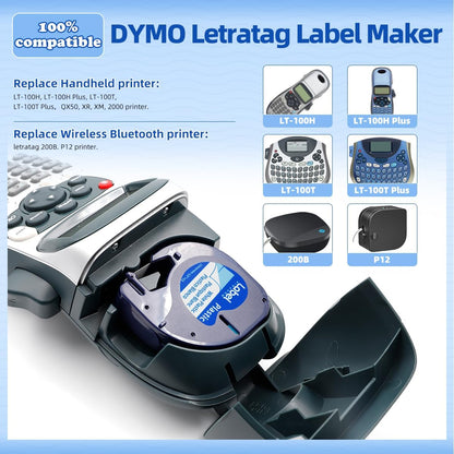 Compatible with Dymo LetraTag Label Maker Refills 91331 Plastic White Tape 12mm x 4m (1/2" x 13'), for Labeler Letra Tag 200B, LT 100T 100H Plus, 5-Pack Cartridges