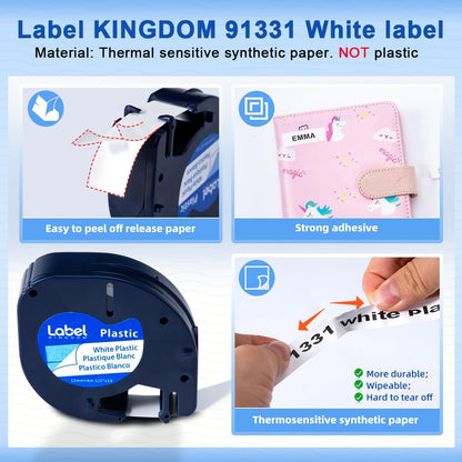 Compatible with Dymo LetraTag Label Maker Refills 91331 Plastic White Tape 12mm x 4m (1/2" x 13'), for Labeler Letra Tag 200B, LT 100T 100H Plus, 5-Pack Cartridges