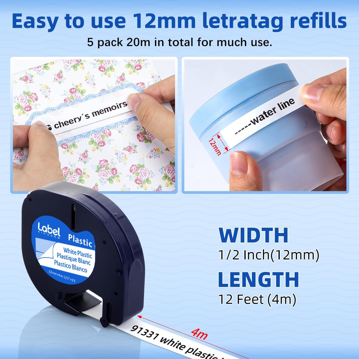 Compatible with Dymo LetraTag Label Maker Refills 91331 Plastic White Tape 12mm x 4m (1/2" x 13'), for Labeler Letra Tag 200B, LT 100T 100H Plus, 5-Pack Cartridges