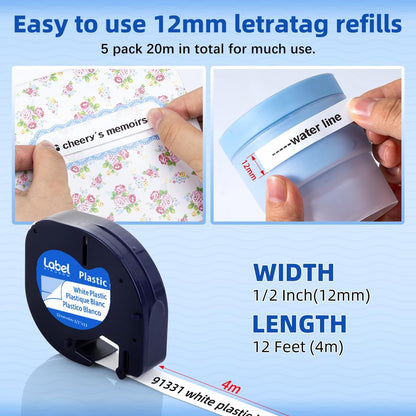 Compatible with Dymo LetraTag Label Maker Refills 91331 Plastic White Tape 12mm x 4m (1/2" x 13'), for Labeler Letra Tag 200B, LT 100T 100H Plus, 5-Pack Cartridges