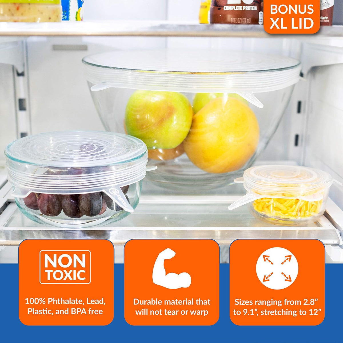 Modfamily Silicone Stretch Lids (7 pack, includes EXCLUSIVE XL SIZE), Reusable, Durable & Expandable to Fit Many Container Sizes & Shapes. Superior for Keeping Food Fresh, Dishwasher & Freezer Safe