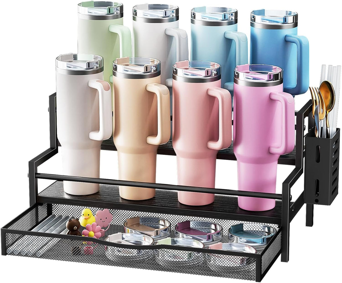 Water Bottle Organizer for Full 40 oz Stanley/Tumbler, Brown | 2 Tier Stanley Cup Organizer, 8 Bottles Capacity, Rustic Countertop Display Shelf, For Coffee Bar, Cabinet, Countertop