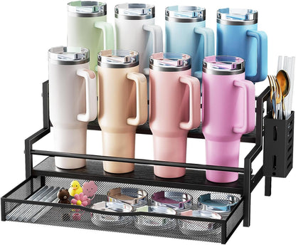 Water Bottle Organizer for Full 40 oz Stanley/Tumbler, Brown | 2 Tier Stanley Cup Organizer, 8 Bottles Capacity, Rustic Countertop Display Shelf, For Coffee Bar, Cabinet, Countertop