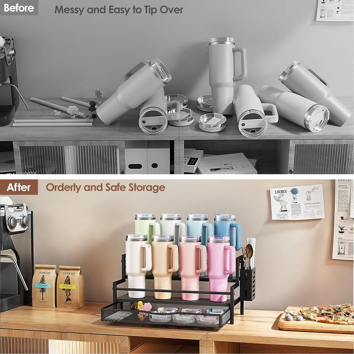 Water Bottle Organizer for Full 40 oz Stanley/Tumbler, Brown | 2 Tier Stanley Cup Organizer, 8 Bottles Capacity, Rustic Countertop Display Shelf, For Coffee Bar, Cabinet, Countertop