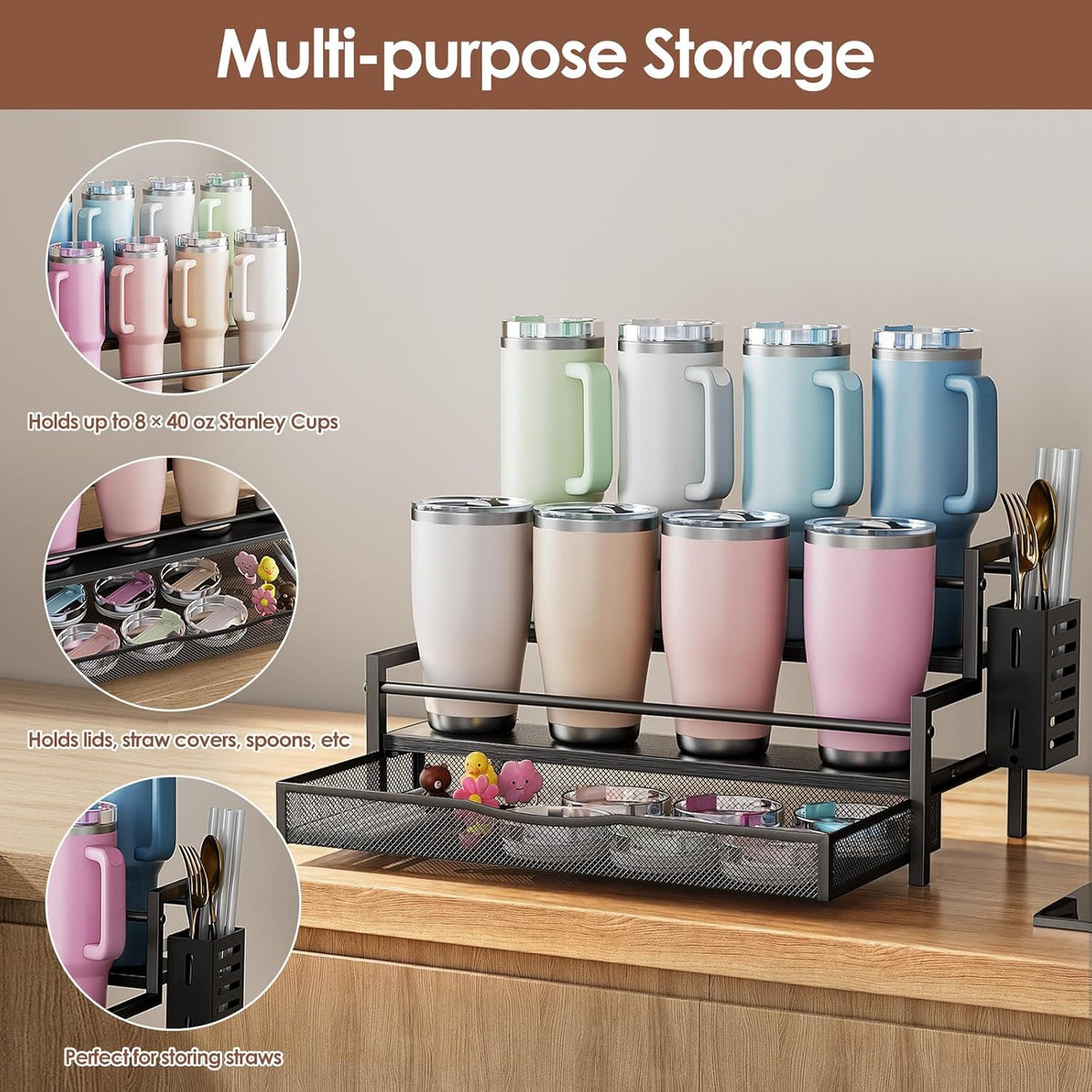 Water Bottle Organizer for Full 40 oz Stanley/Tumbler, Brown | 2 Tier Stanley Cup Organizer, 8 Bottles Capacity, Rustic Countertop Display Shelf, For Coffee Bar, Cabinet, Countertop