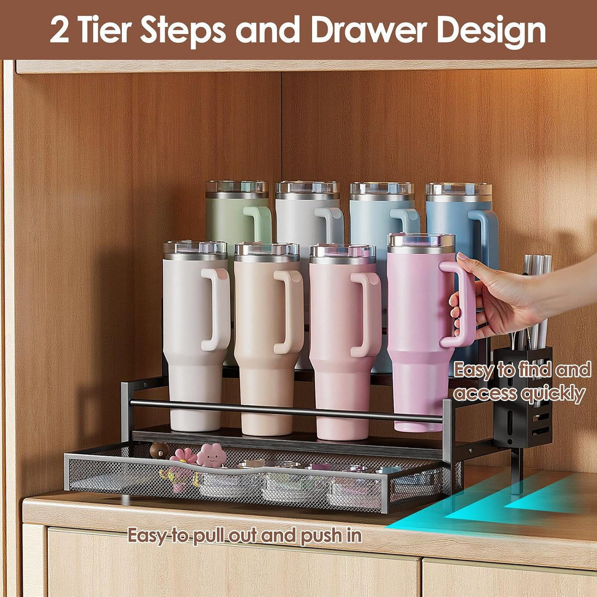 Water Bottle Organizer for Full 40 oz Stanley/Tumbler, Brown | 2 Tier Stanley Cup Organizer, 8 Bottles Capacity, Rustic Countertop Display Shelf, For Coffee Bar, Cabinet, Countertop