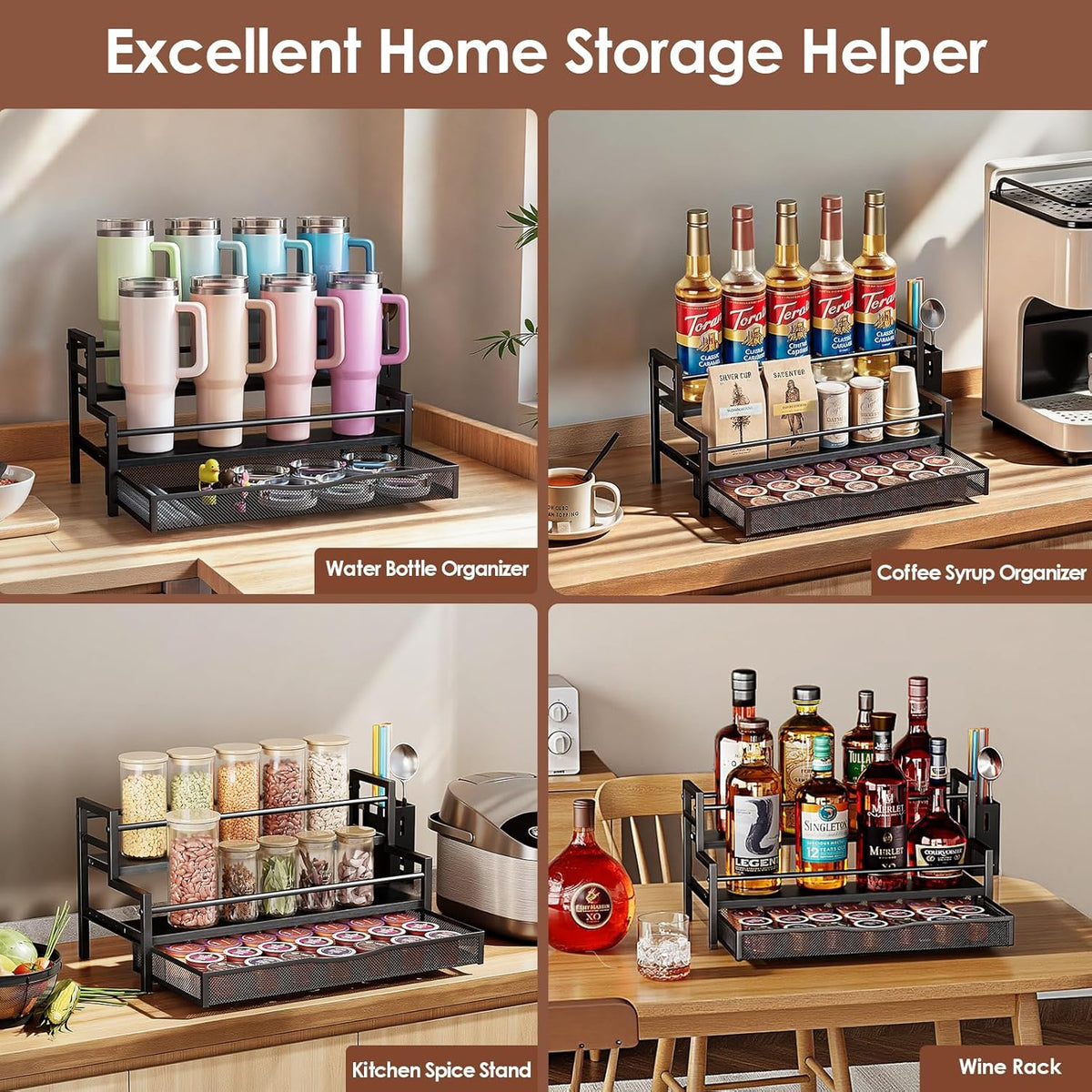Water Bottle Organizer for Full 40 oz Stanley/Tumbler, Brown | 2 Tier Stanley Cup Organizer, 8 Bottles Capacity, Rustic Countertop Display Shelf, For Coffee Bar, Cabinet, Countertop