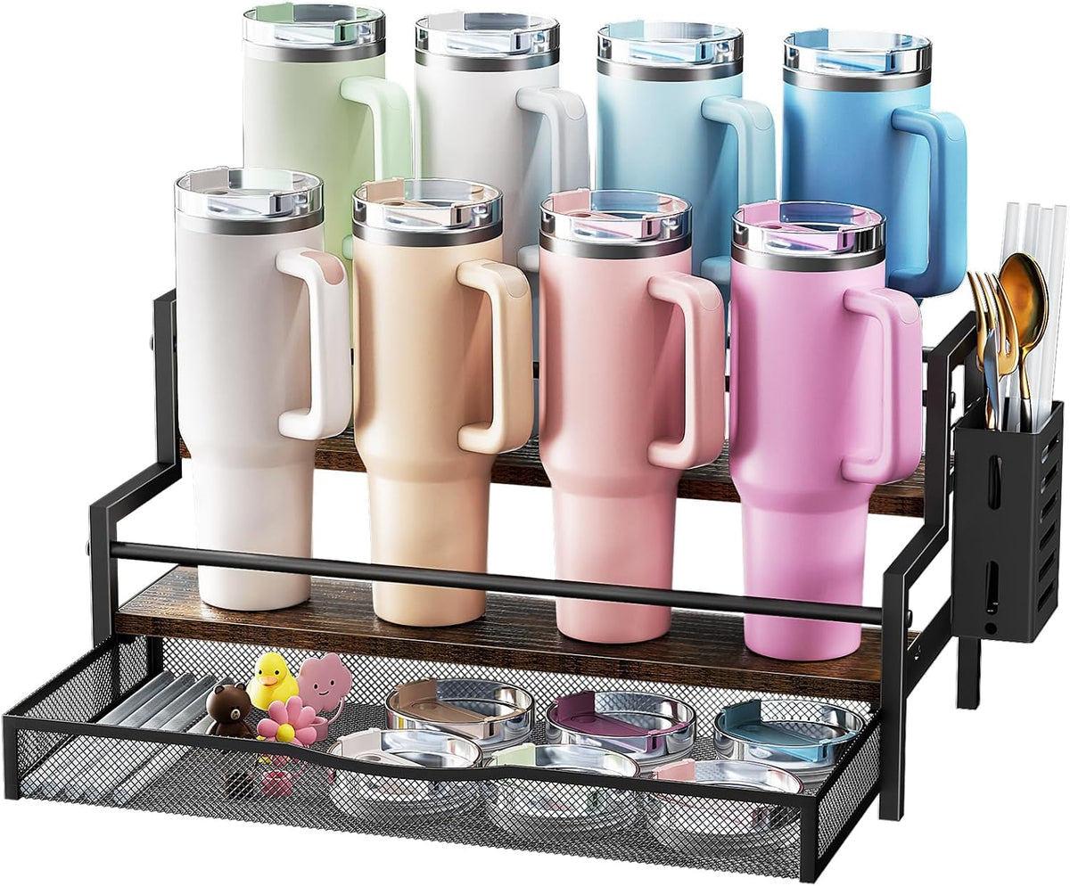 Water Bottle Organizer for Full 40 oz Stanley/Tumbler, Brown | 2 Tier Stanley Cup Organizer, 8 Bottles Capacity, Rustic Countertop Display Shelf, For Coffee Bar, Cabinet, Countertop
