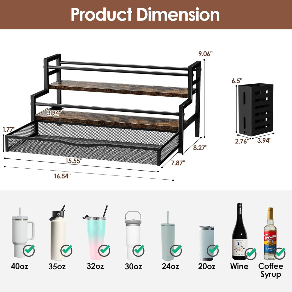 Water Bottle Organizer for Full 40 oz Stanley/Tumbler, Brown | 2 Tier Stanley Cup Organizer, 8 Bottles Capacity, Rustic Countertop Display Shelf, For Coffee Bar, Cabinet, Countertop