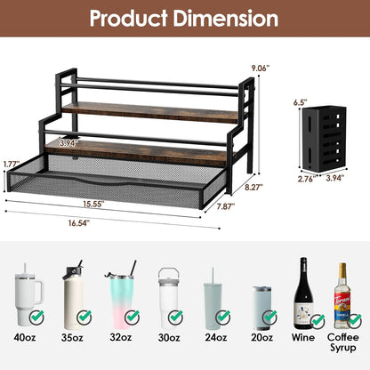 Water Bottle Organizer for Full 40 oz Stanley/Tumbler, Brown | 2 Tier Stanley Cup Organizer, 8 Bottles Capacity, Rustic Countertop Display Shelf, For Coffee Bar, Cabinet, Countertop
