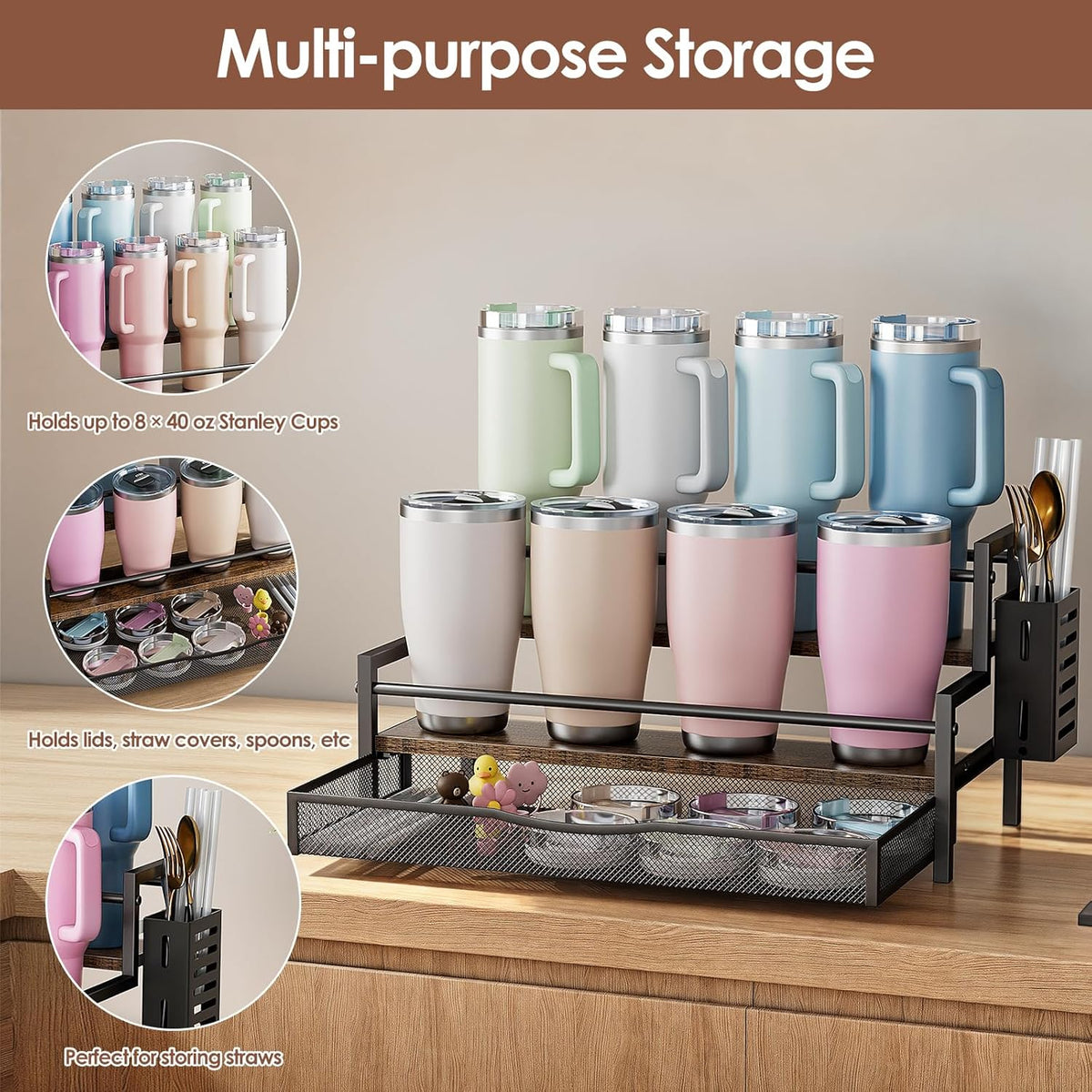 Water Bottle Organizer for Full 40 oz Stanley/Tumbler, Brown | 2 Tier Stanley Cup Organizer, 8 Bottles Capacity, Rustic Countertop Display Shelf, For Coffee Bar, Cabinet, Countertop