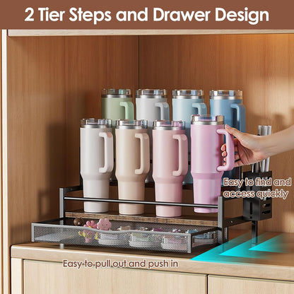 Water Bottle Organizer for Full 40 oz Stanley/Tumbler, Brown | 2 Tier Stanley Cup Organizer, 8 Bottles Capacity, Rustic Countertop Display Shelf, For Coffee Bar, Cabinet, Countertop