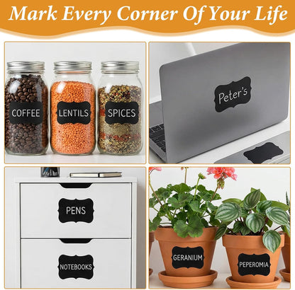 200 Pcs Waterproof Blackboard Stickers Chalkboard Labels Erasable Reusable Blackboard Labels with 1 Liquid Chalk Markers Pen for Jars Parties Decoration Craft Rooms Weddings Storage Organize