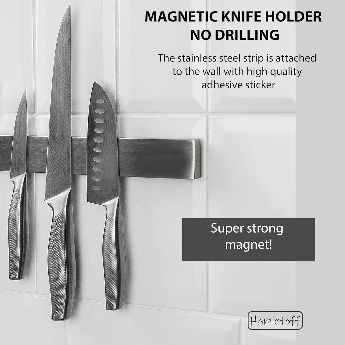Premium Magnetic Knife Holder for Wall no Drilling – 16 Inch Stainless Steel Magnetic Knife Holder Self Adhesive - Kitchen Magnetic Knife Strip with Adhesive Sticker (Upgraded Adhesive Tape)