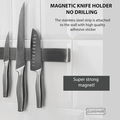 Premium Magnetic Knife Holder for Wall no Drilling – 16 Inch Stainless Steel Magnetic Knife Holder Self Adhesive - Kitchen Magnetic Knife Strip with Adhesive Sticker (Upgraded Adhesive Tape)
