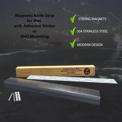 Premium Magnetic Knife Holder for Wall no Drilling – 16 Inch Stainless Steel Magnetic Knife Holder Self Adhesive - Kitchen Magnetic Knife Strip with Adhesive Sticker (Upgraded Adhesive Tape)