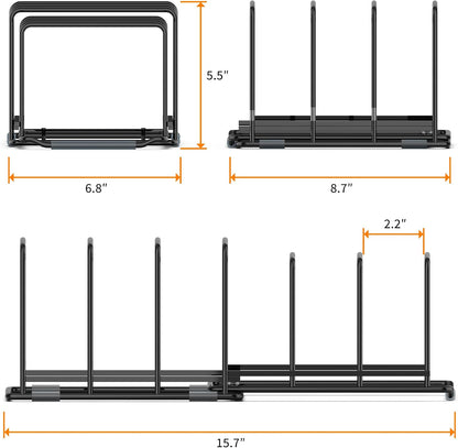 Adjustable 2.2in Pan Organizer Rack - for Pots,Pans,Cutting Boards,Cookie Sheets & Muffin Pans with 6 Slots,Non-Slip-8.7 * 6.8 * 5.5 inch