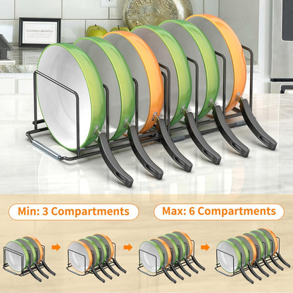 Adjustable 2.2in Pan Organizer Rack - for Pots,Pans,Cutting Boards,Cookie Sheets & Muffin Pans with 6 Slots,Non-Slip-8.7 * 6.8 * 5.5 inch