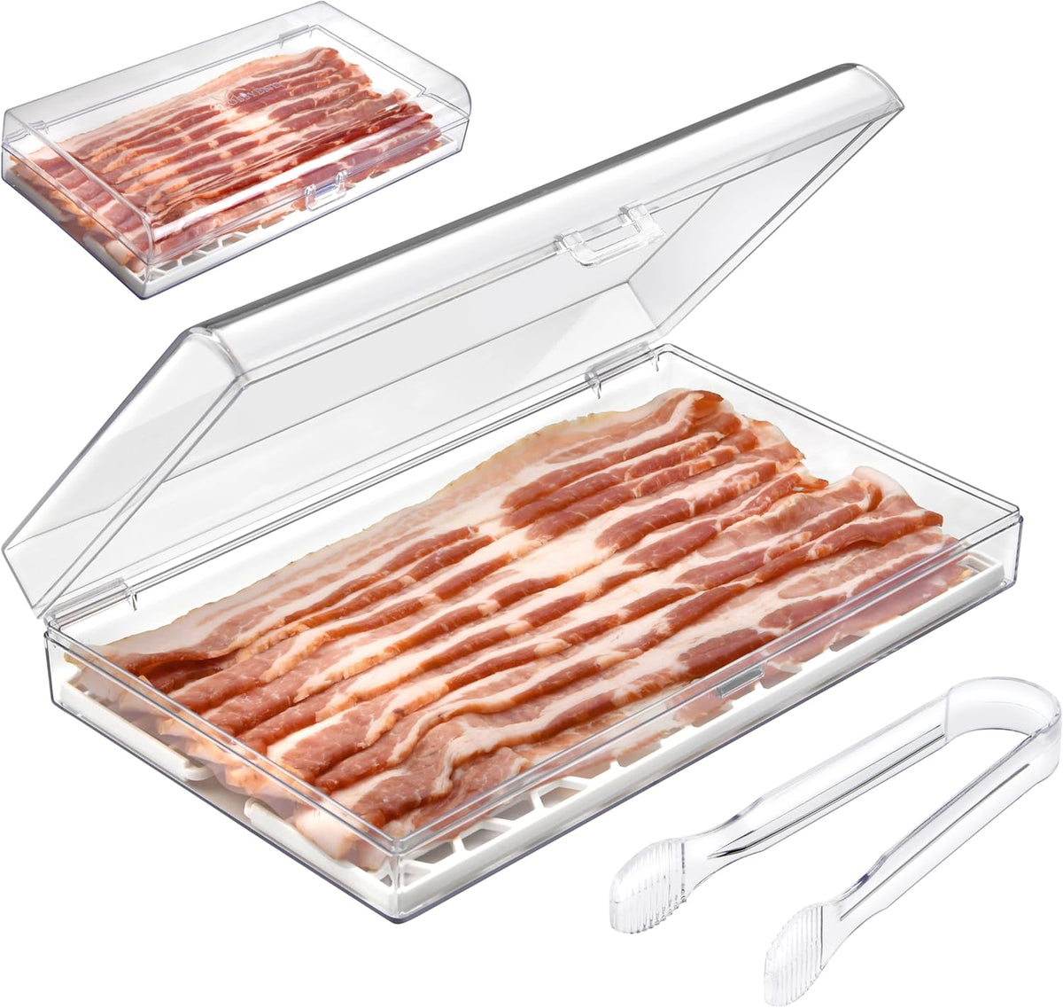 Deli Meat and Cheese Storage Container with Tong, Bacon Storage Container with Perforated Tray for Freshness, Clear Durable Plastic - Dishwasher and Freezer Safe - Size: 11” x 6.5” x 2”