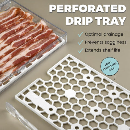 Deli Meat and Cheese Storage Container with Tong, Bacon Storage Container with Perforated Tray for Freshness, Clear Durable Plastic - Dishwasher and Freezer Safe - Size: 11” x 6.5” x 2”